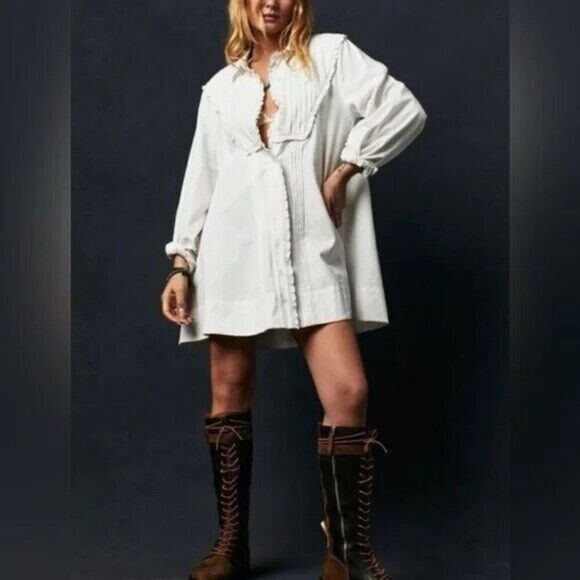 FREE PEOPLE Cherry Mini Dress Tunic White Farmhouse Rustic Pleated L Large - Picture 4 of 7